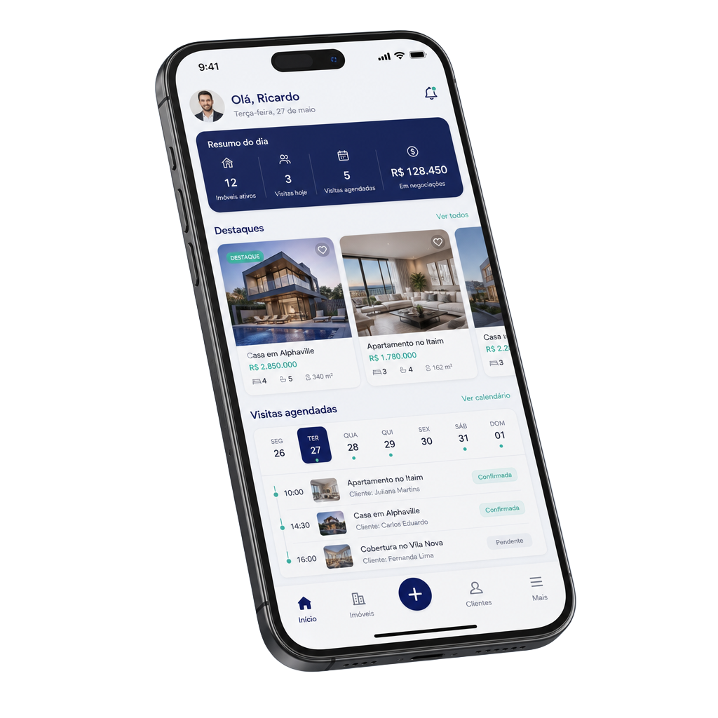 Celular exibindo o app Imóvel na Mão com agenda de visitas e fotos de imóveis